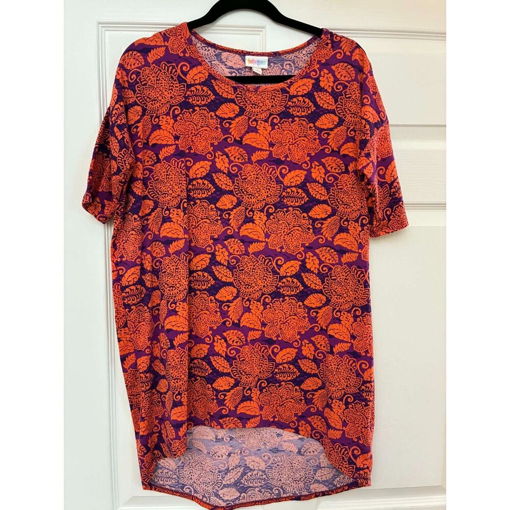 LuLaRoe Womens XS Orange Purple Floral Hi Low Tunic Top Short Sleeve
